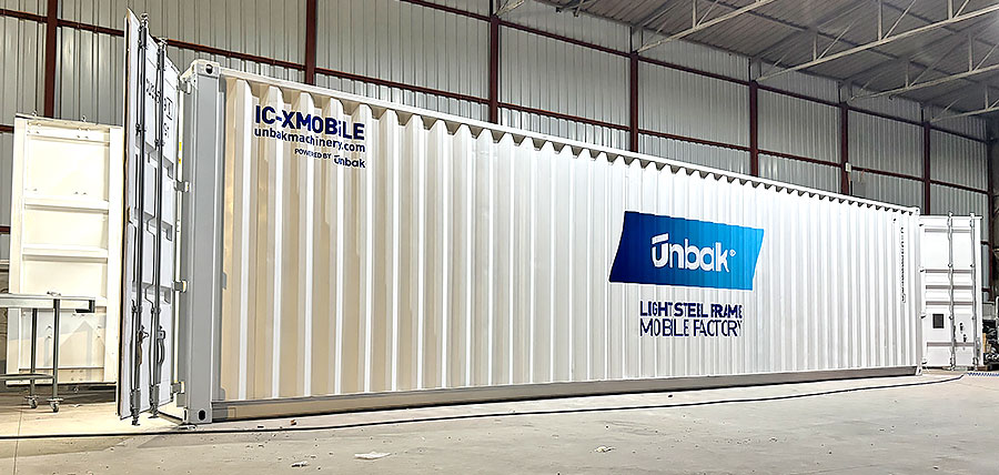 UNBAK IC-X Mobile Factory container for onsite cold formed steel production. Light gauge steel framing machine inside portable mobile construction unit.