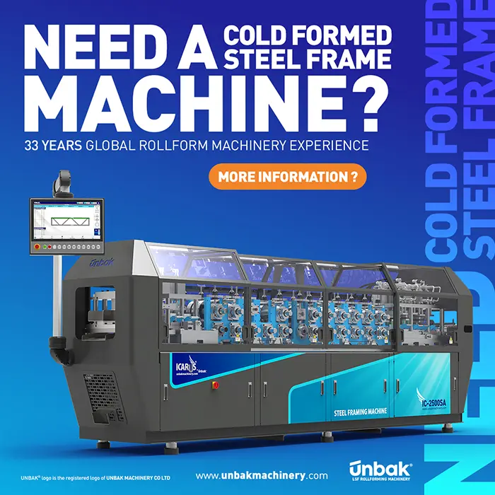 Light gauge steel rollform machine and cold formed steel machine used for precision framing.