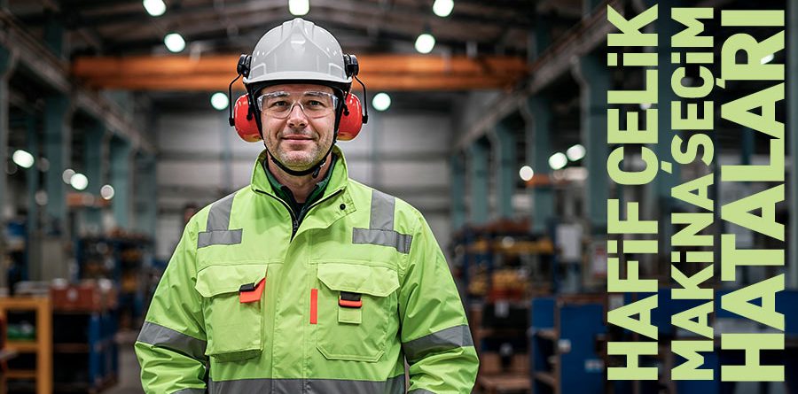 Hafif Çelik Yapı Sistemlerinde doğru makina seçimi konulu blog görseli – fabrika ortamında güvenlik ekipmanlı mühendis
