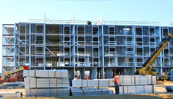 Multi-storey modular housing project built with light gauge steel framing and cold formed steel profiles using advanced steel framing machines.
