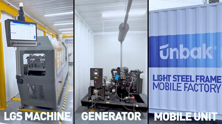 Mobil hafif çelik yapı üretimi için rollform teknolojisi, jeneratör destekli hafif çelik yapı makineleri ve prefabrik mobil fabrika birimi.