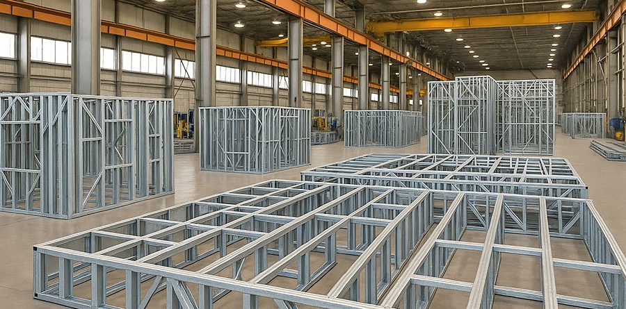 Rollform hattı ile üretilmiş hafif çelik yapı makinesi panellerinin yer aldığı fabrika kurulum sürecini gösteren modern çelik yapı üretim tesisi.