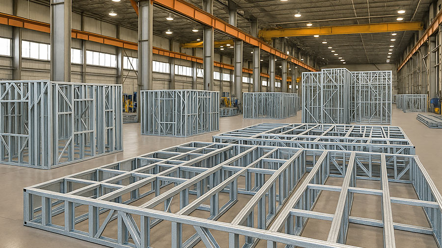 Light steel framing machine and steel framing system factory setup showing cold formed steel wall and floor frames produced with light gauge steel technology.