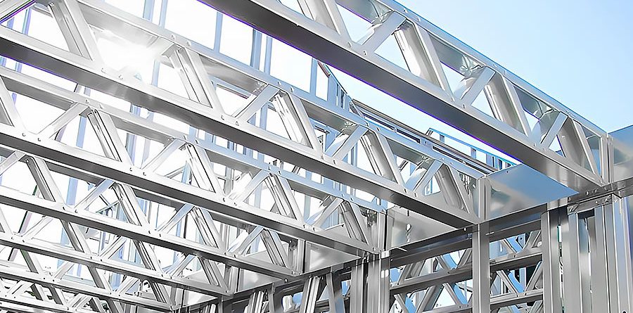 Modern steel framing structure built with light gauge steel machine and cold formed steel profiles for durable and sustainable construction.