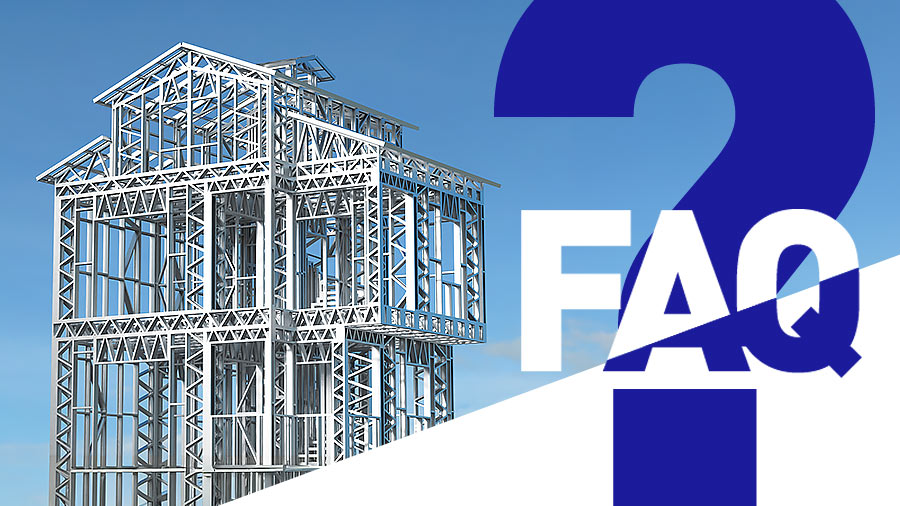 Light gauge steel frame building structure illustration used in a Steel Frame Construction FAQ about Cold Formed Steel and how modern steel framing works.