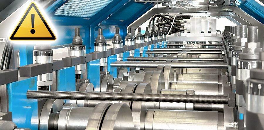 Warning indicator inside a light steel framing machine highlighting the importance of proper maintenance and safe operation.”