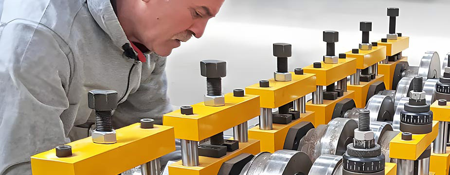 Çelik yapı makinası hattında rollform ayarı yapan teknisyen, hafif çelik yapı makinası üretim sürecini kontrol ediyor.